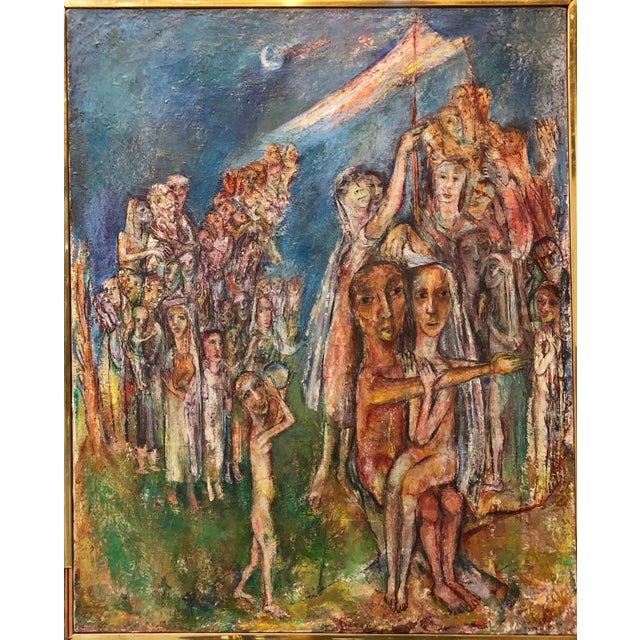 Sabina Teichman, Abstract Procession Jewish Wedding Chuppah Oil Painting Modernist Judaica, c.1950s For Sale
