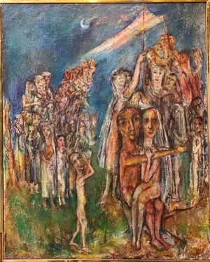Sabina Teichman, Abstract Procession Jewish Wedding Chuppah Oil Painting Modernist Judaica, c.1950s
