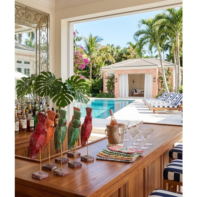 Vintage Indian Hand-Carved & Painted Wooden Parrots on Stands - Set of 6 For Sale - Image 11 of 11