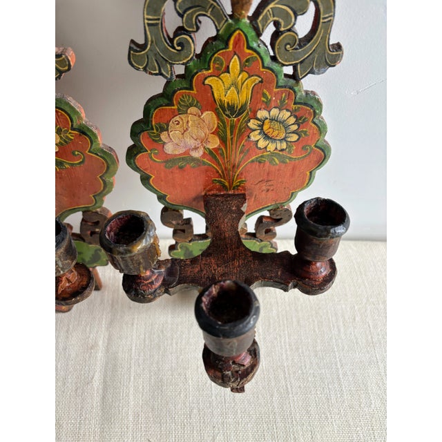 Rustic European Antique European Hand Painted Wood Folk Art Candle Sconces- a Pair For Sale - Image 3 of 17