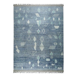 9x12 Blue Hand-Knotted Wool Floating Diamond Motifs Tribal Modern Carpet Rug For Sale
