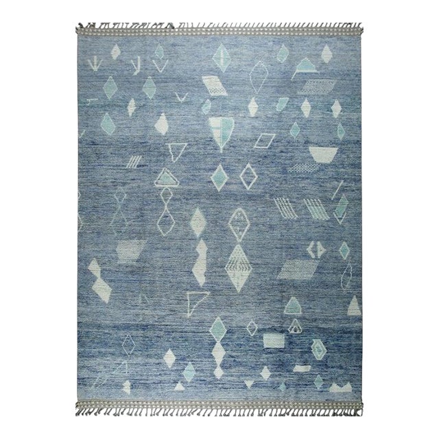 9x12 Blue Hand-Knotted Wool Floating Diamond Motifs Tribal Modern Carpet Rug For Sale