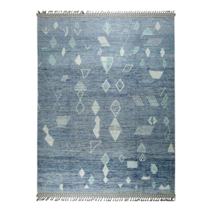 9x12 Blue Hand-Knotted Wool Floating Diamond Motifs Tribal Modern Carpet Rug