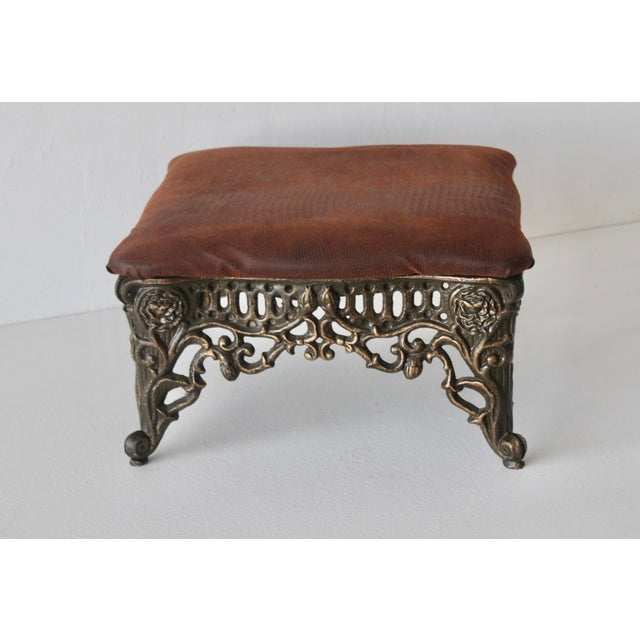 Metal Large Vintage Victorian Style Cast Iron Bronze Finish Footstool Padded Faux Croc Fabric Top For Sale - Image 7 of 12