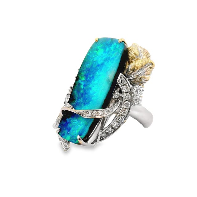 16.39 Carat Australian Boulder Opal Diamond Platinum Floral Cocktail Ring Size 6.5 For Sale - Image 4 of 4