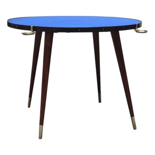Vintage Round Wooden Game Table with Blue Cloth by Gio Ponti, Italy, 1950s For Sale