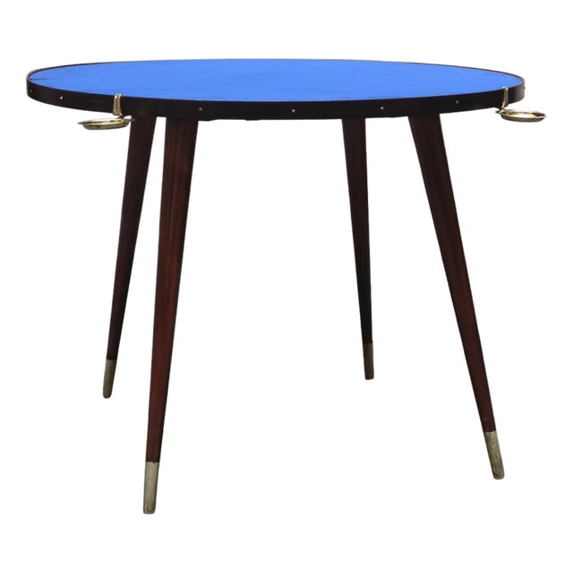 Vintage Round Wooden Game Table with Blue Cloth by Gio Ponti, Italy, 1950s For Sale