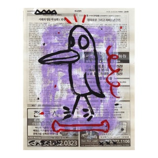 Bone Bird Wink - Original Contemporary Pop Street Art Acrylic on Korean Newspaper For Sale