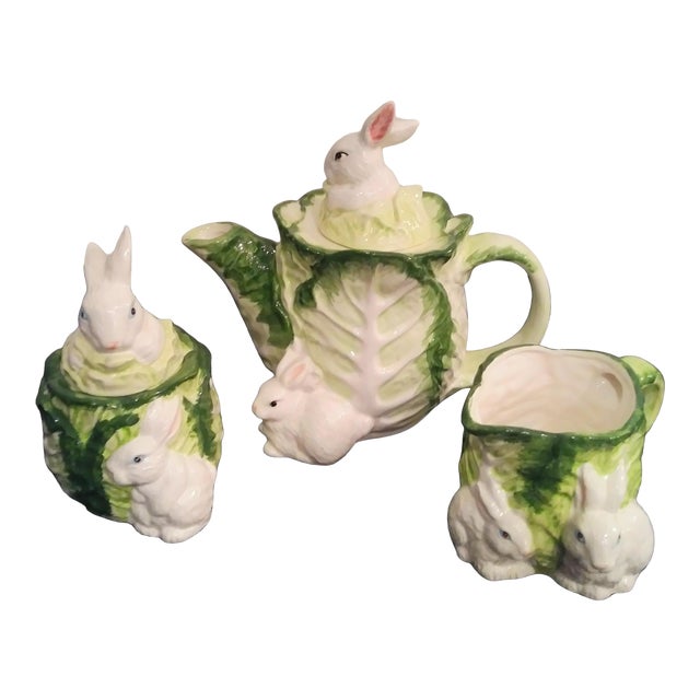 Vintage Ceramic Rabbit and Cabbage Teapot Set, Creamer, Sugar Set of 3