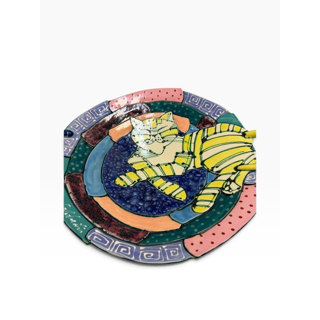 Art Deco 1990s Cubist Cat Handmade Ceramic Platter by Juozas & Rasa Saldaitis For Sale - Image 3 of 6