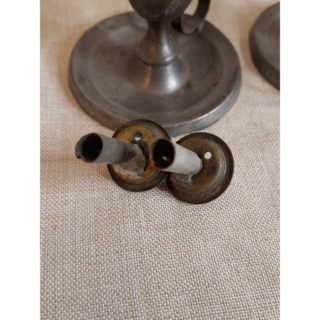 Pair Antique Pewter Whale Oil Finger Lamps Single Tube Drop Burners C. 1830-1850 For Sale In Boston - Image 6 of 18