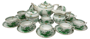 Indian Basket Green Pattern Porcelain Tea Service for 12 from Herend, Hungary, 1930s, Set of 27