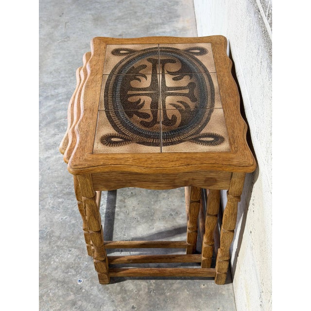 Oak Ceramic Tile-Top Nesting Tables Set of 3 With Spindle Legs Traditional Vintage For Sale - Image 4 of 10