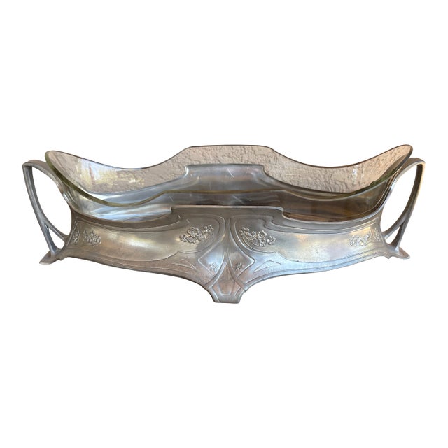 Art Nouveau Netherlands 1905 Jugenstil Pewter Glass Center Piece Fruit Bowl For Sale