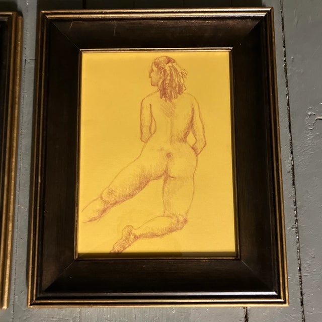 Figurative 1970’s Vintage Female Nude Sepia Study Drawings on Yellow Framed-A Pair For Sale - Image 3 of 4