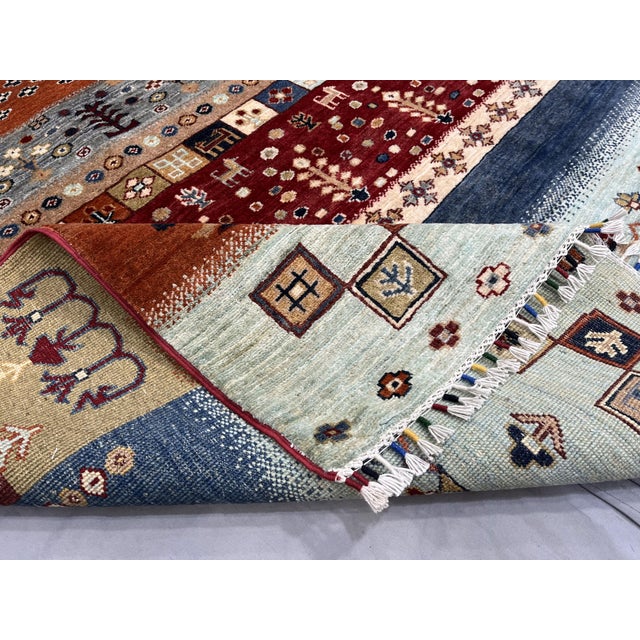 Blue & Rust Afghan Sultani Pictorial Wool Rug, Natural Dye Khorjin Tribal Design, 6′5″ × 9′7″ For Sale - Image 11 of 12
