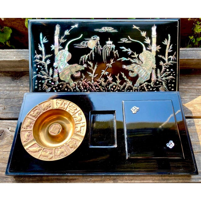 Black Tiger Smoking Box & Ashtray Set Circa 1950 Korean Black Lacquer Mother-of-Pearl For Sale - Image 8 of 18