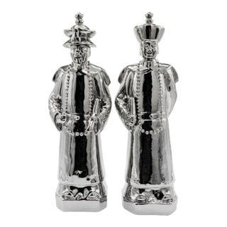 Large Vintage Chrome Chinoiserie Porcelain Scholar & Student Figurine Pair, 18 Inch For Sale