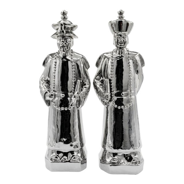 Large Vintage Chrome Chinoiserie Porcelain Scholar & Student Figurine Pair, 18 Inch For Sale