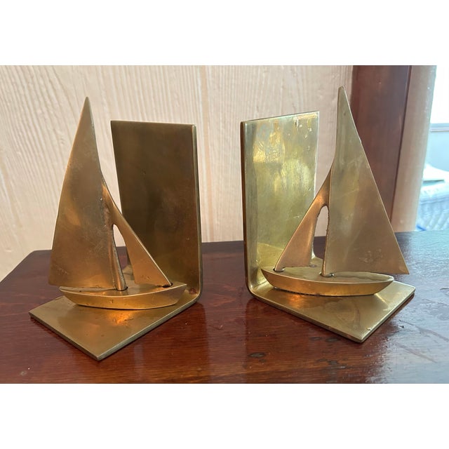 Pair Mid Century Solid Brass Sailboat Bookends For Sale - Image 4 of 6