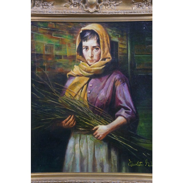 Late 20th Century Woman Gathering Twigs Portrait Oil Painting on Linen After Morgan Weistling 32" For Sale - Image 11 of 11