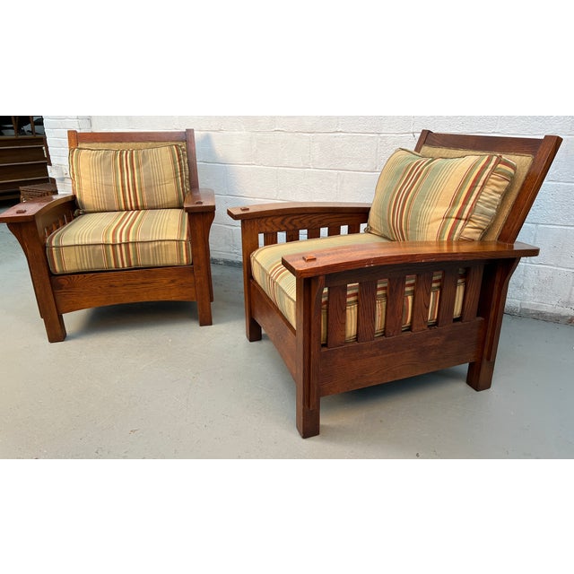 Late 20th Century Handcrafted Slatted Mission Oak Lounge Chairs For Sale - Image 4 of 16