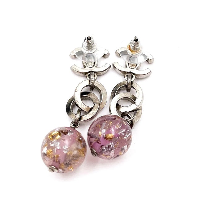 Contemporary Chanel Silver CC Chain Purple Bead Long Piercing Earrings - 2 Pieces For Sale - Image 3 of 5