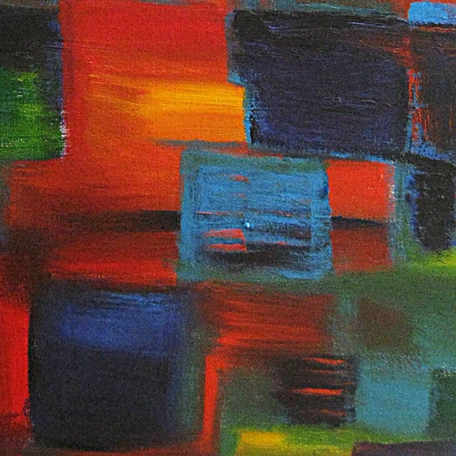 Fusion — Layered Geometric Abstract With Chromatic Blocks in Blue, Red & Green, 30 X 24 For Sale In Chicago - Image 6 of 6