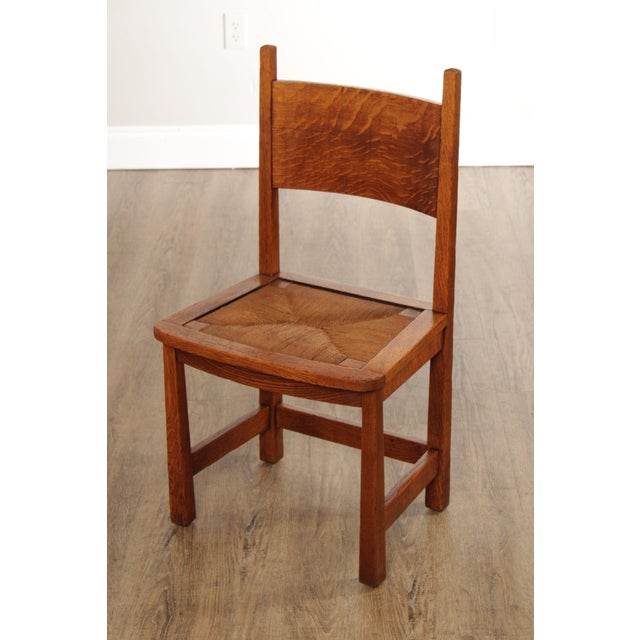 High Quality Antique Early 20th Century Solid Oak Side Dining Chair with Woven Rush Seat Made By Stickley Brothers (Not...