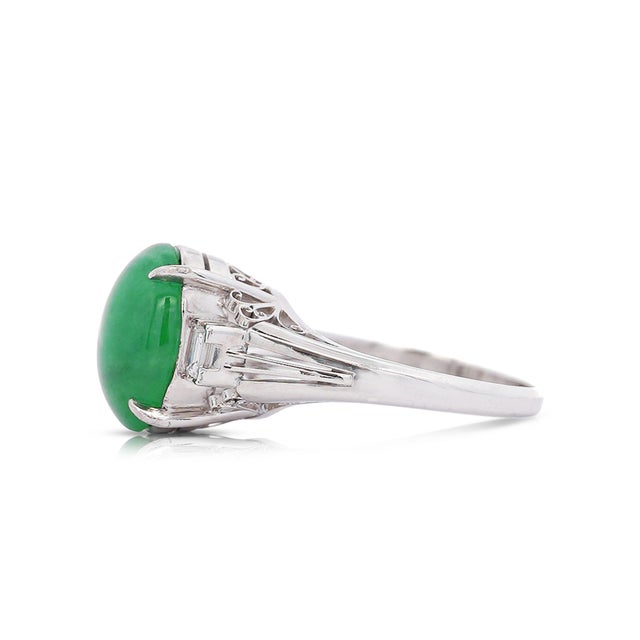 5.87 Carat Grade a Jadeite Jade and Diamond Platinum 3 Stone Ring Size 7.25 For Sale - Image 4 of 7
