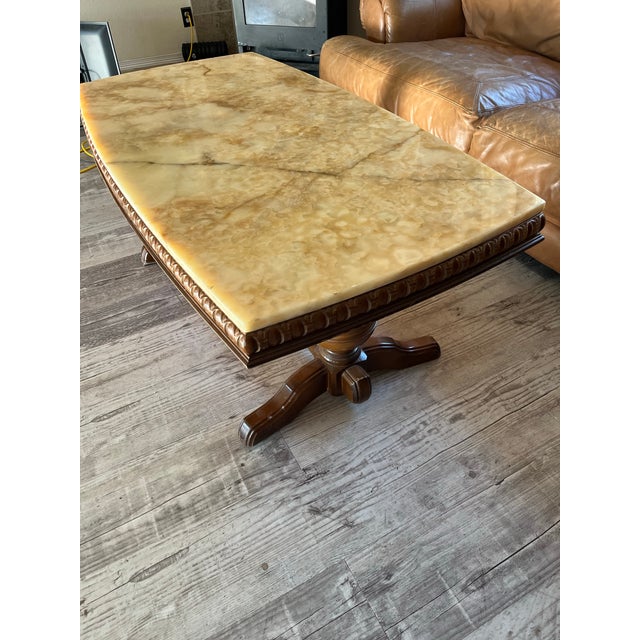 Alabaster Vintage Italian Provincial Yellow Onyx Top Coffee Table With Carved Wood Base For Sale - Image 8 of 8