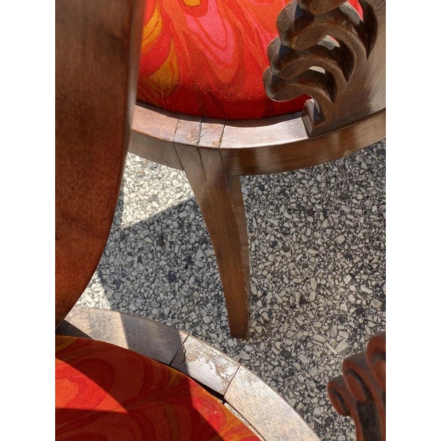 Brown Mid 20th Century Italian Neoclassical Plume Carved Walnut Saber Leg Dining Chairs - Set of 6 For Sale - Image 8 of 12