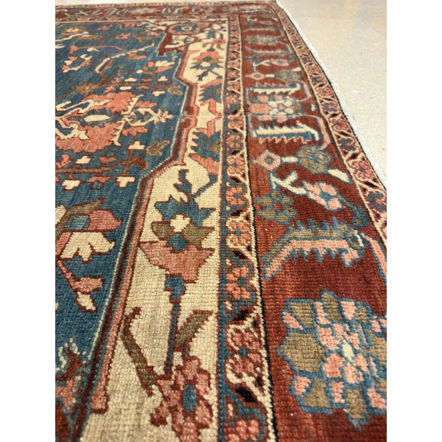 Antique Persian Serapi Handmade Light Blue, Ivory & Rusty Red Rug For Sale - Image 12 of 12