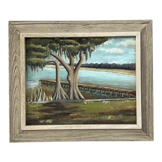 Vintage Original Lakeside Oil on Canvas For Sale