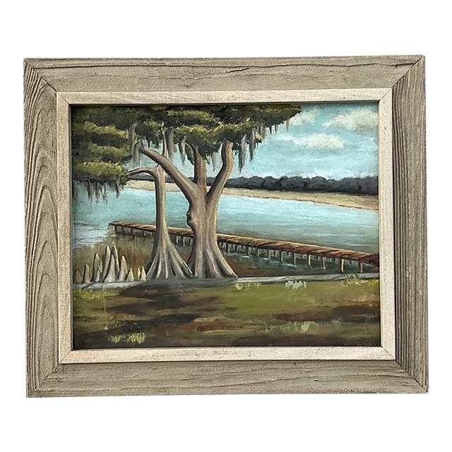 Vintage Original Lakeside Oil on Canvas For Sale