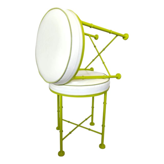 Pair of Mid Century Faux Bamboo Stools in the Style of Phyllis Morris – Green Metal & White Vinyl For Sale