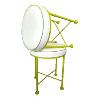 Pair of Mid-Century Modern Faux Bamboo Stools in the Style of Phyllis Morris – Green Metal & White Vinyl For Sale