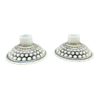 Vintage Anchor Hocking Moonstone Clear and Opalescent Candlestick Holders Set of 2 For Sale