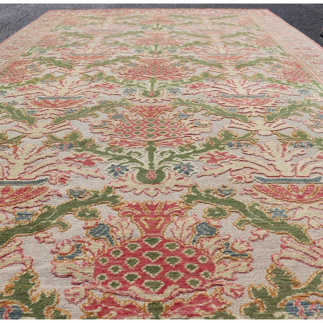 Early 20th Century Antique Spanish Gallery Rug With Coral, Olive, and Cream Floral Design For Sale - Image 5 of 15