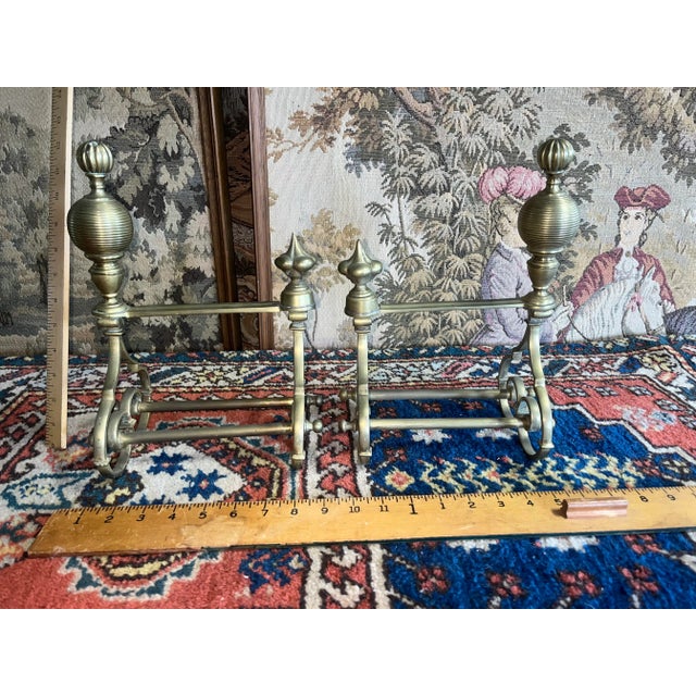Vintage Mid 20th Century Solid Brass Andirons - a Pair For Sale - Image 4 of 9