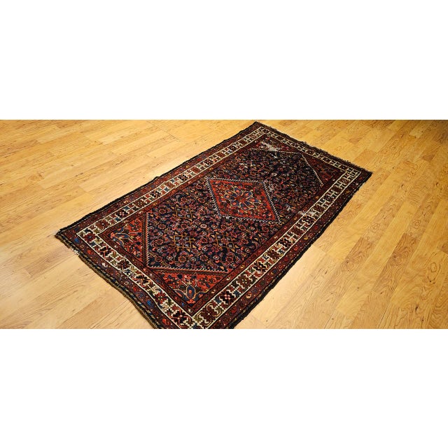Persian Vintage Persian Malayer Area Rug, Hand-Knotted Wool, Geometrical Pattern, 4x7, Navy & Ivory For Sale - Image 3 of 12