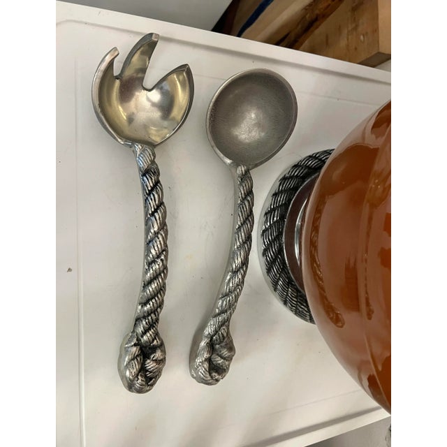 Ceramic & Pewter Footed Serving Bowl Set With Silver Accents - 3 Pieces For Sale - Image 9 of 11