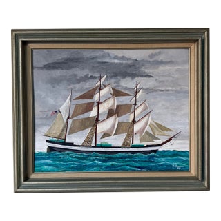 1970's R. Seaman American Tall Ship Ocean Landscape Oil on Board Painting, Framed For Sale