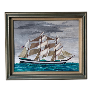 1970's R. Seaman American Tall Ship Ocean Landscape Oil on Board Painting, Framed
