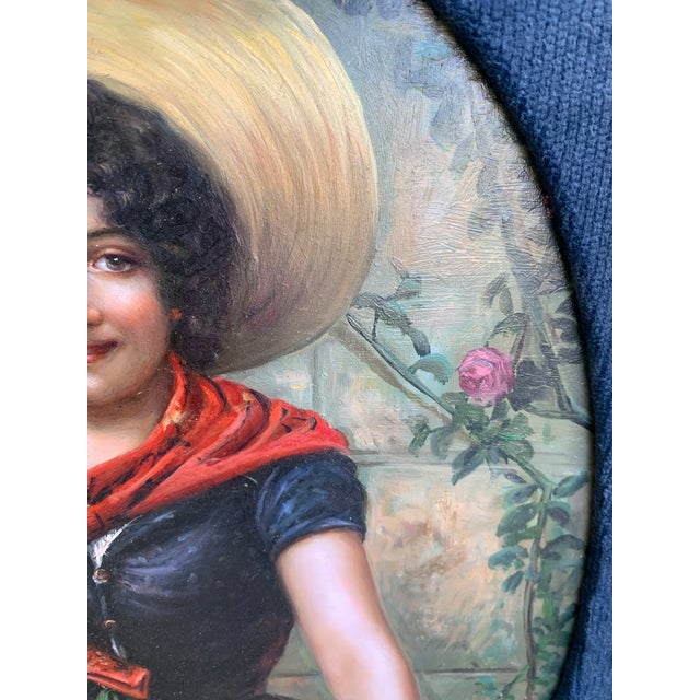 Charming vintage oil painting on board will add a touch of classic romance to your home. A smiling beautiful young woman...