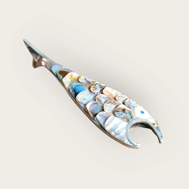 Metal Rare Vintage 1970s Los Castillos Silver Style Abalone Fish Bottle Opener - Sculptural Silver & Iridescent Gem For Sale - Image 7 of 9