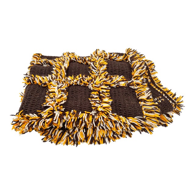 Groovy 1970s Handmade Checkered Fringe Brown, Off White, and Orange Needlework Blanket / Throw For Sale