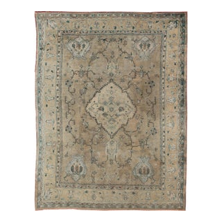 Neutral Antique Oushak Carpet in Shades of Teal, Green, Khaki, Taupe and Butter 11'4 X 14'3 For Sale