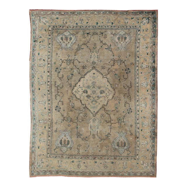Neutral Antique Oushak Carpet in Shades of Teal, Green, Khaki, Taupe and Butter 11'4 X 14'3 For Sale