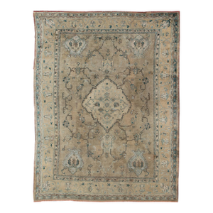 Neutral Antique Oushak Carpet in Shades of Teal, Green, Khaki, Taupe and Butter 11'4 X 14'3